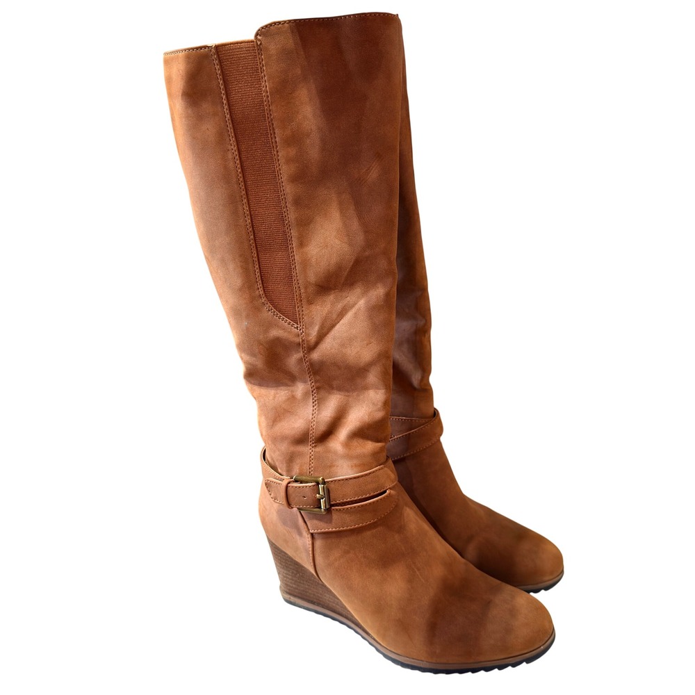 SOUL Naturalizer Harvest Wedge Boots Womens 7.5M Tan Faux Suede Tall Zip Boho